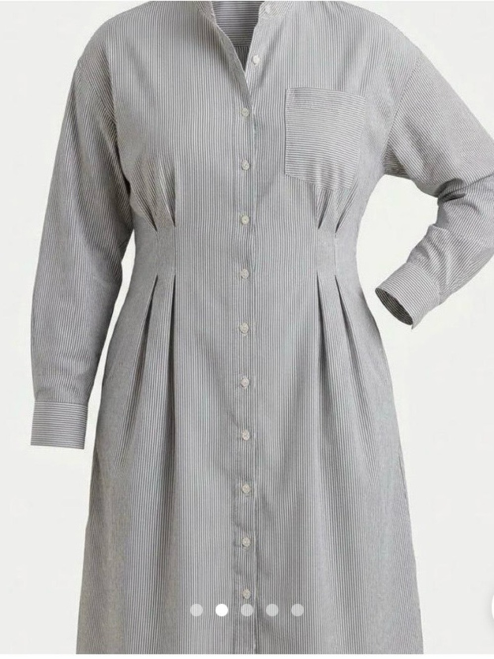Button-Front Shirt Tail Hem Mandarin Collar Midi Dress Dark Grey Pinstripe, XS